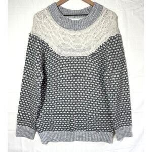 NORTHSTYLE Cable Knit Sweater Size M Grey Fair Isle Yoked Hygge Winter Cozy